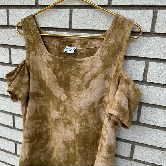 Oh My Gauze Tan Tie Dye Cotton Cold Shoulder Top Pointed Hem Boho Cottagecore - Picture 2 of 10
